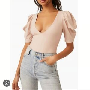 Free People Beige Puff Sleeve Bodysuit